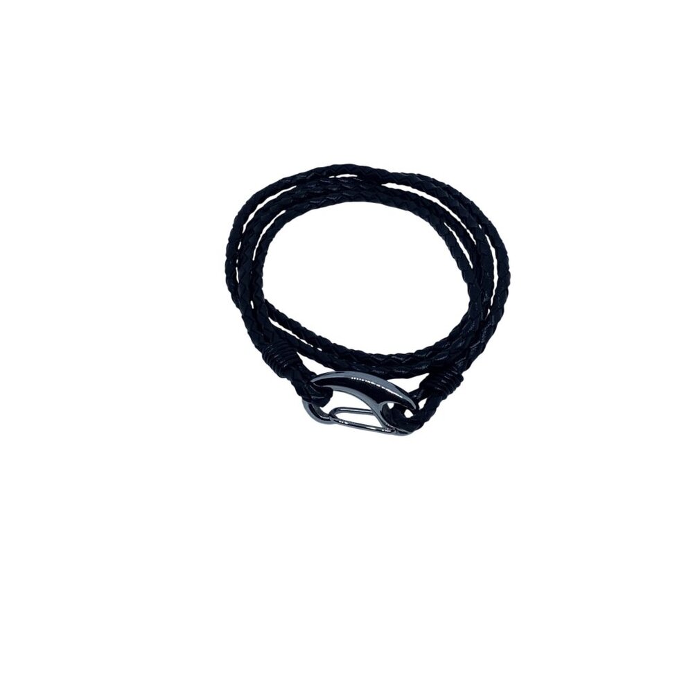 Black Woven‎ Leather Double Wrap Bracelet Silver Tone Lobster Clasp Adjustable